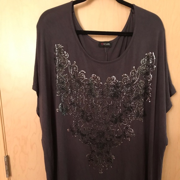 Yours Clothing Tops - Gray Top with Silver Intricate Detailing 6x